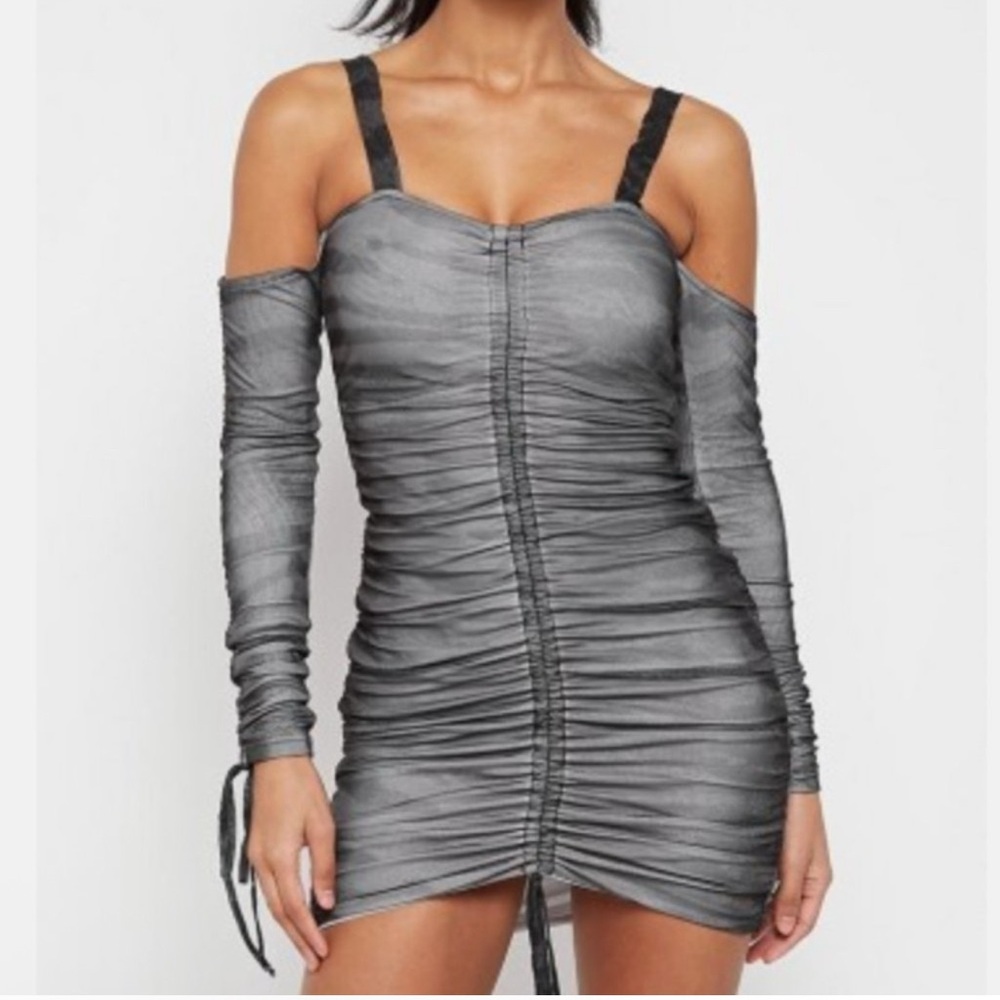 Maniere de Voir Off-Shoulder Ruched Gray Mini Dress, Size 6 US NWT